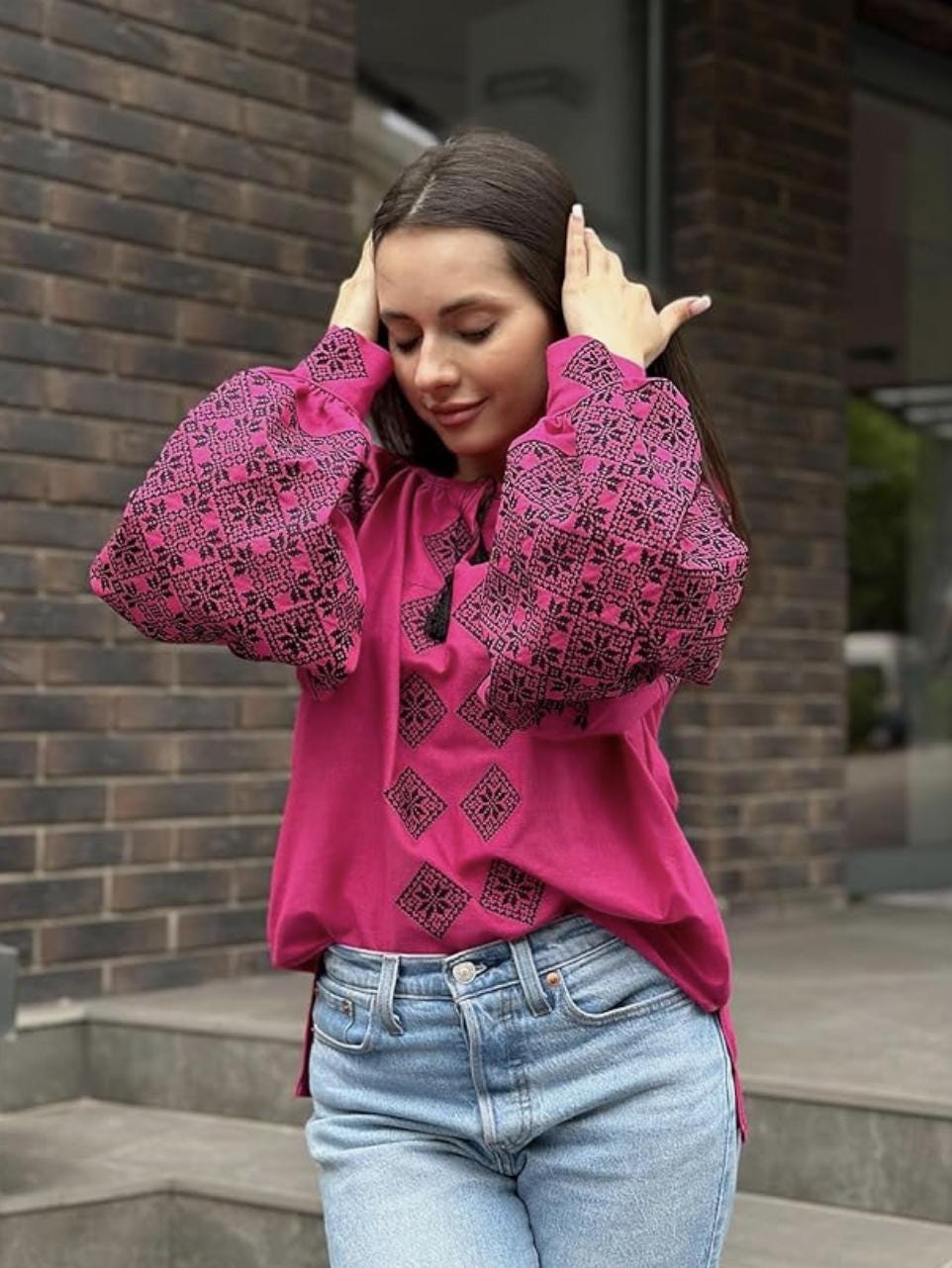 Magenta Ukrainian Vyshyvanka | Pink Linen Blouse with Navy Blue Embroidery | Boho Folk Top | Balloon Sleeve Shirt | Family Look Outfit