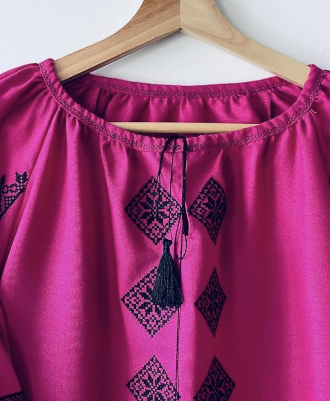 Magenta Ukrainian Vyshyvanka | Pink Linen Blouse with Navy Blue Embroidery | Boho Folk Top | Balloon Sleeve Shirt | Family Look Outfit