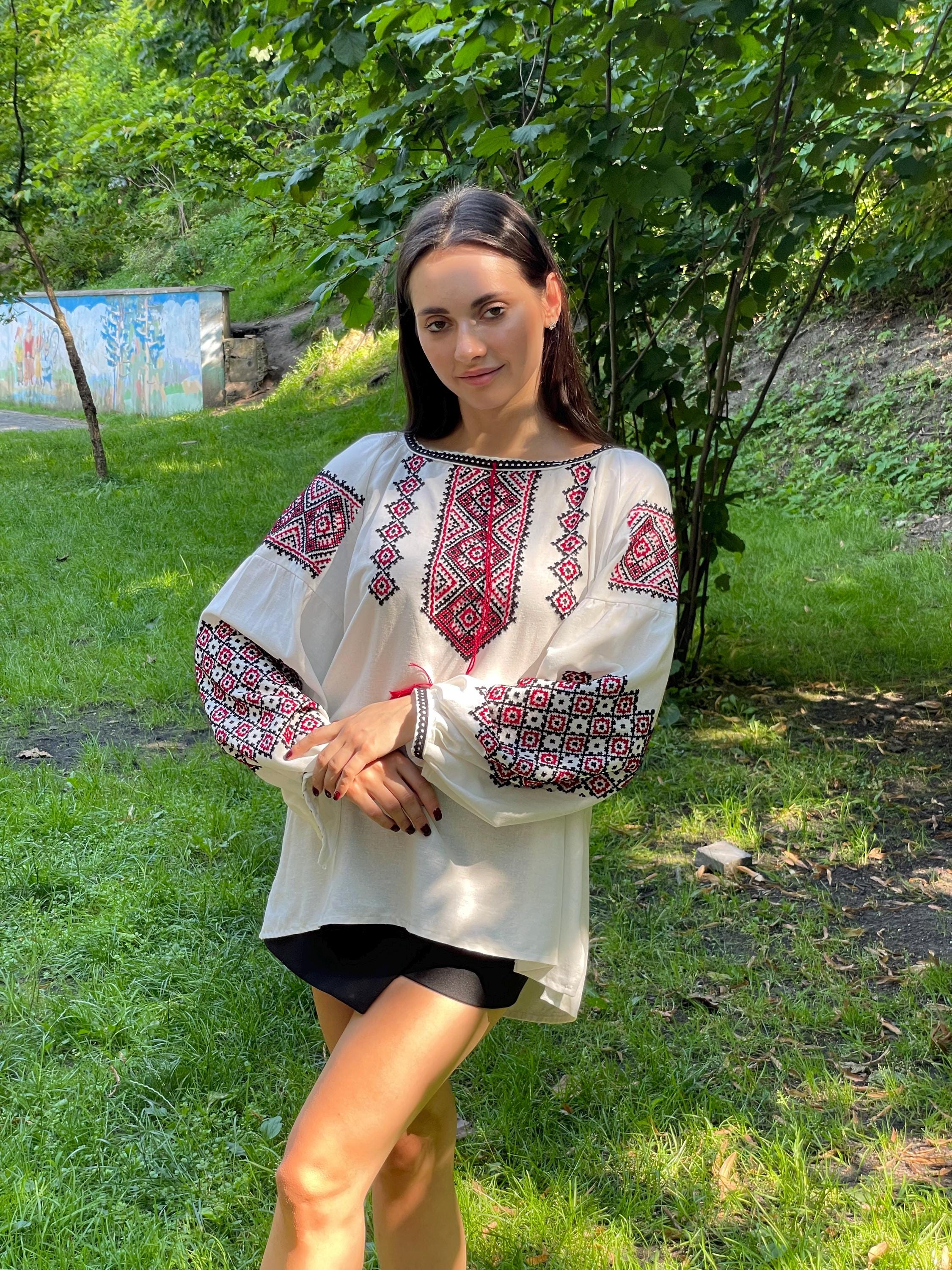 Hand Embroidered Ukrainian Vyshyvanka | Handmade Blouse | Red & Black Geometric Cross Stitch Top | Boho Folk Peasant Shirt