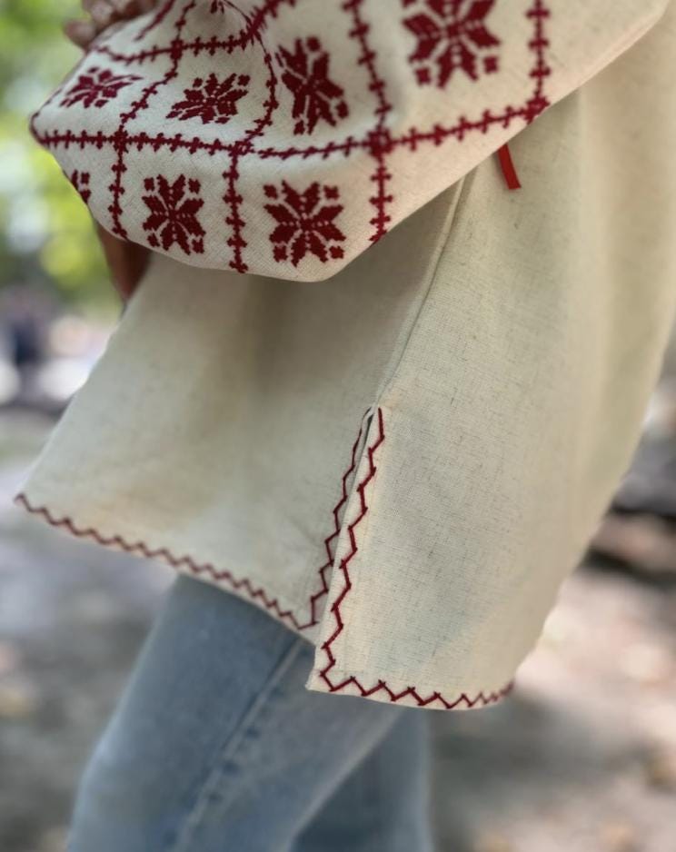 Hand Embroidered Blouse, Red Geometric Top, Boho Linen Cotton Shirt, Ukrainian Vyshyvanka, Bishop Sleeve Tunic, Custom Size, Artisan Made