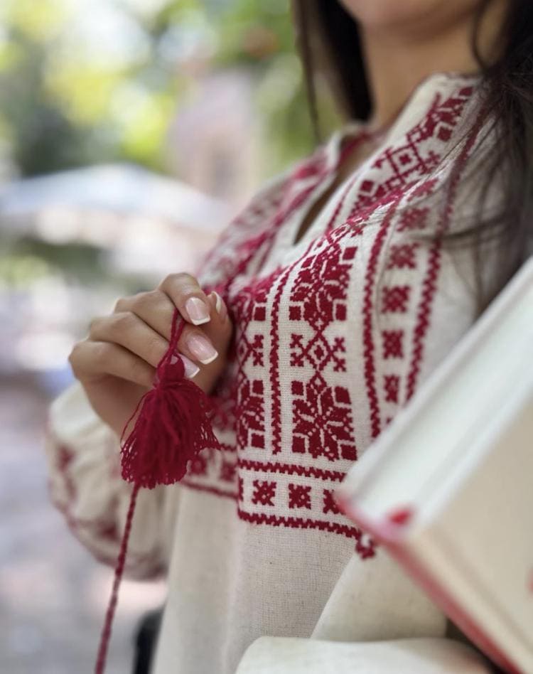 Hand Embroidered Blouse, Red Geometric Top, Boho Linen Cotton Shirt, Ukrainian Vyshyvanka, Bishop Sleeve Tunic, Custom Size, Artisan Made