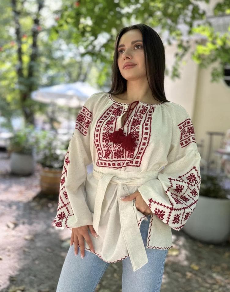 Hand Embroidered Blouse, Red Geometric Top, Boho Linen Cotton Shirt, Ukrainian Vyshyvanka, Bishop Sleeve Tunic, Custom Size, Artisan Made