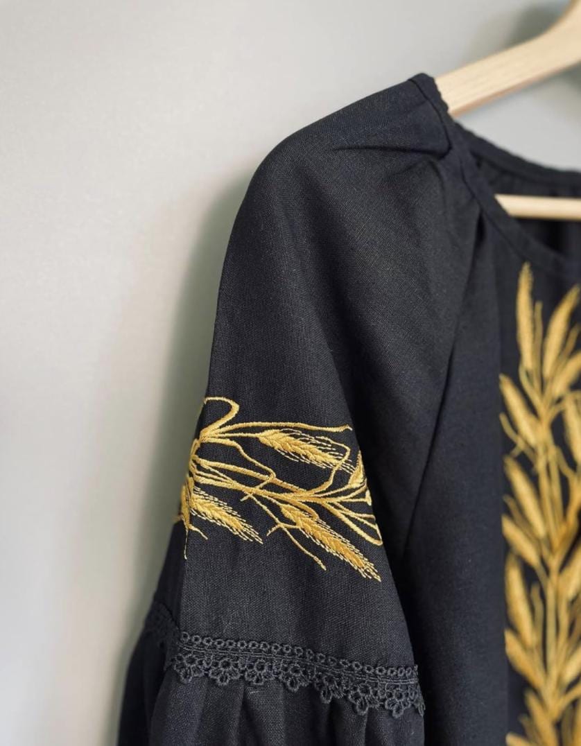 Elegant Boho Top, Black and Gold Embroidery, Wedding Guest Blouse, Eco Gift Packaging, Sustainable Fashion, Custom Fit Vyshyvanka, Artisan