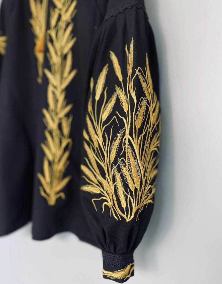 Elegant Boho Top, Black and Gold Embroidery, Wedding Guest Blouse, Eco Gift Packaging, Sustainable Fashion, Custom Fit Vyshyvanka, Artisan