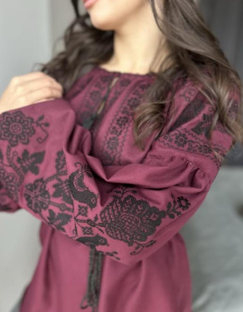 Burgundy Vyshyvanka Blouse – Black Embroidery Ukrainian Boho Ethno Folk Shirt