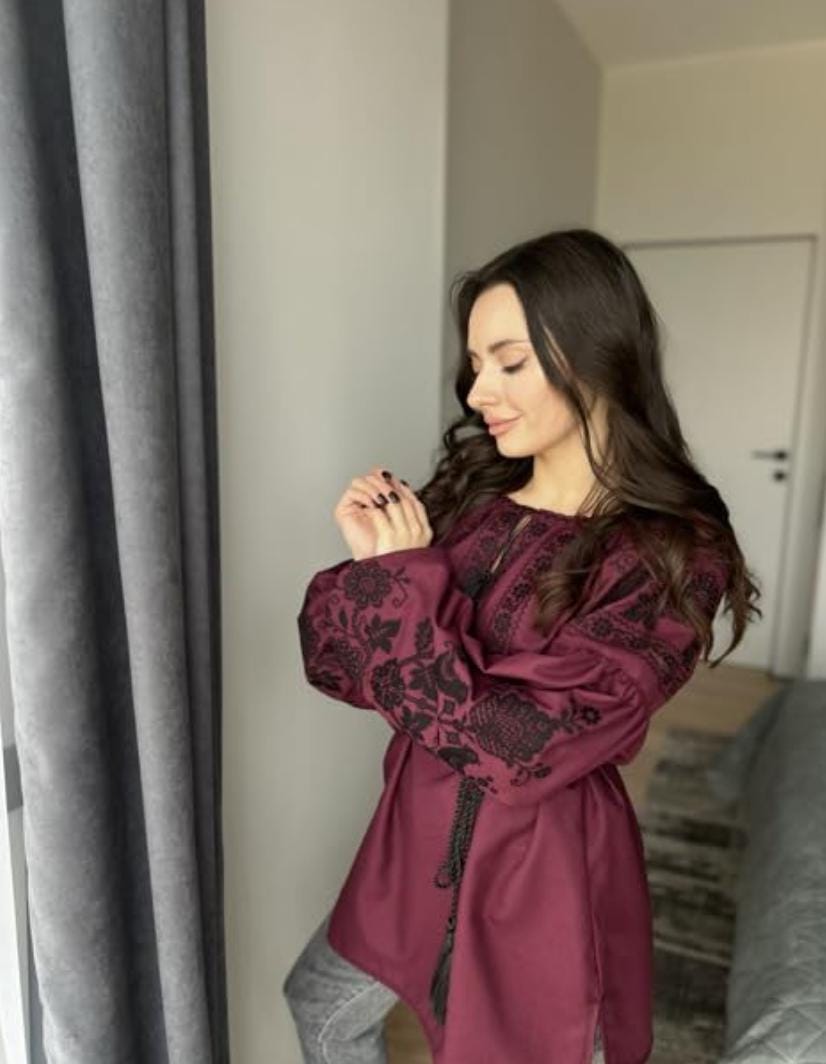 Burgundy Vyshyvanka Blouse – Black Embroidery Ukrainian Boho Ethno Folk Shirt