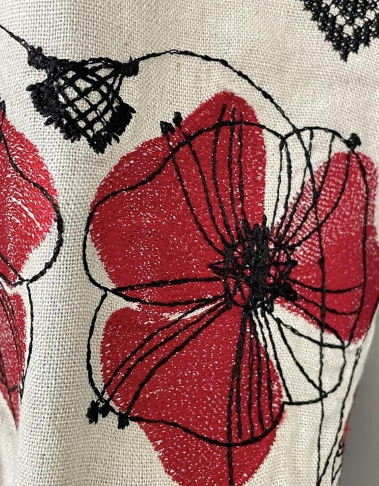 Boho Ethno Vyshyvanka – Gray Blouse with Red Poppies and Traditional Patterns