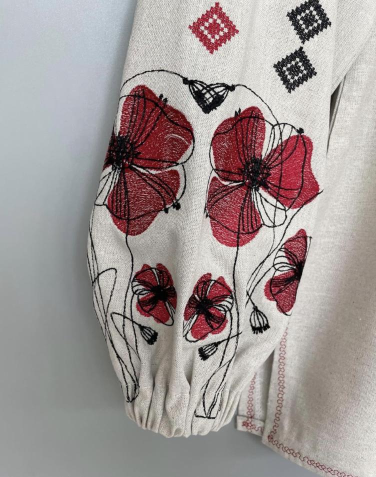 Boho Ethno Vyshyvanka – Gray Blouse with Red Poppies and Traditional Patterns