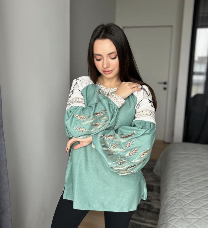 Mint Vyshyvanka Blouse – Handmade Embroidery Wheat and Swallows Folk Shirt