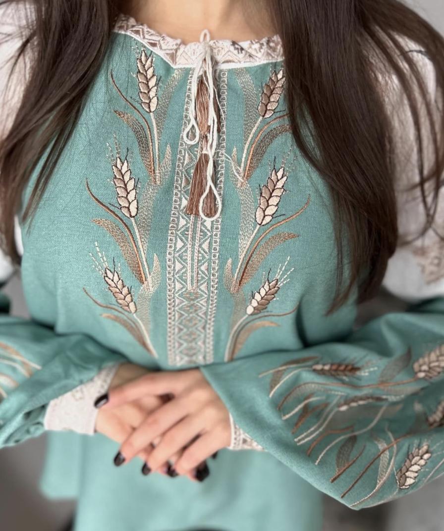 Mint Vyshyvanka Blouse – Handmade Embroidery Wheat and Swallows Folk Shirt