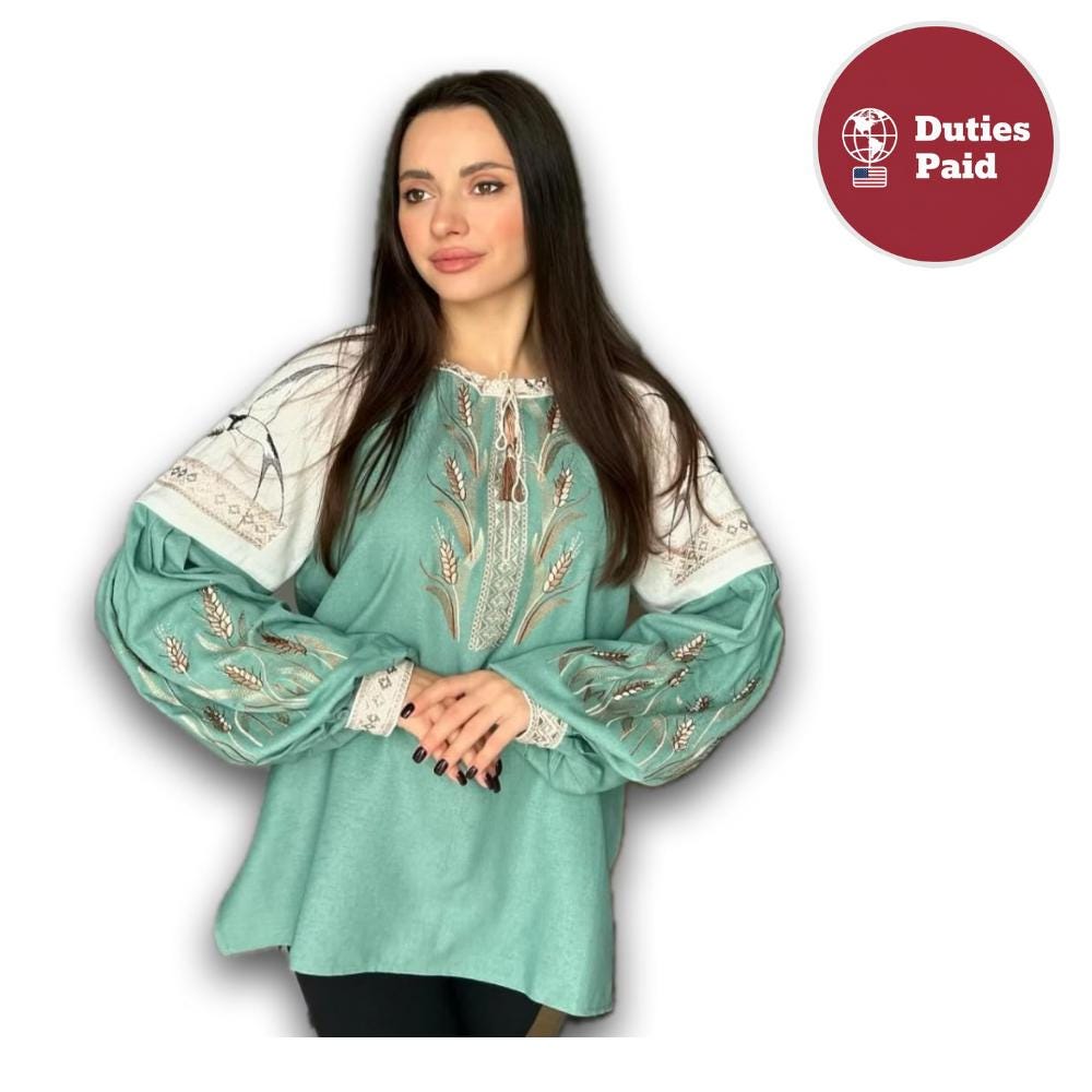 Mint Vyshyvanka Blouse – Handmade Embroidery Wheat and Swallows Folk Shirt