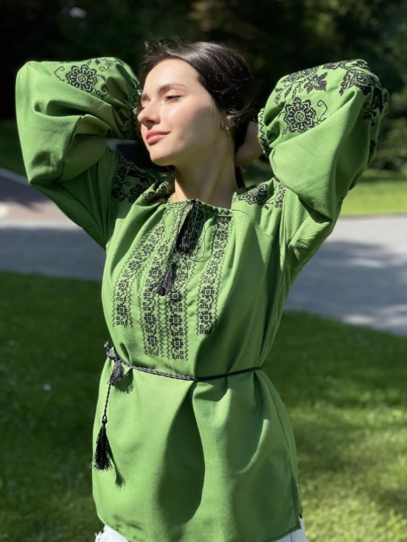 Green Boho Blouse, Black Bird Embroidery, Tree of Life Shirt, Ukrainian Vyshyvanka, Cotton Blend Tunic, Folk Festival Top, Custom Size Gift