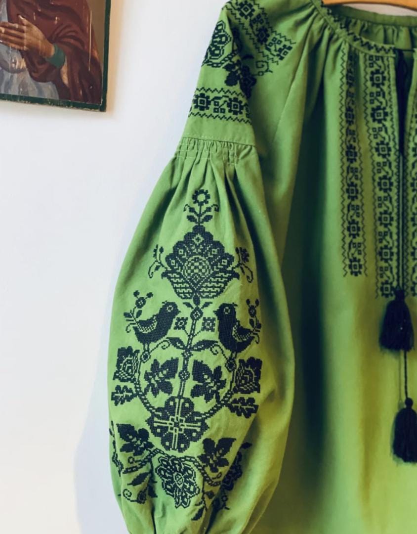 Green Boho Blouse, Black Bird Embroidery, Tree of Life Shirt, Ukrainian Vyshyvanka, Cotton Blend Tunic, Folk Festival Top, Custom Size Gift