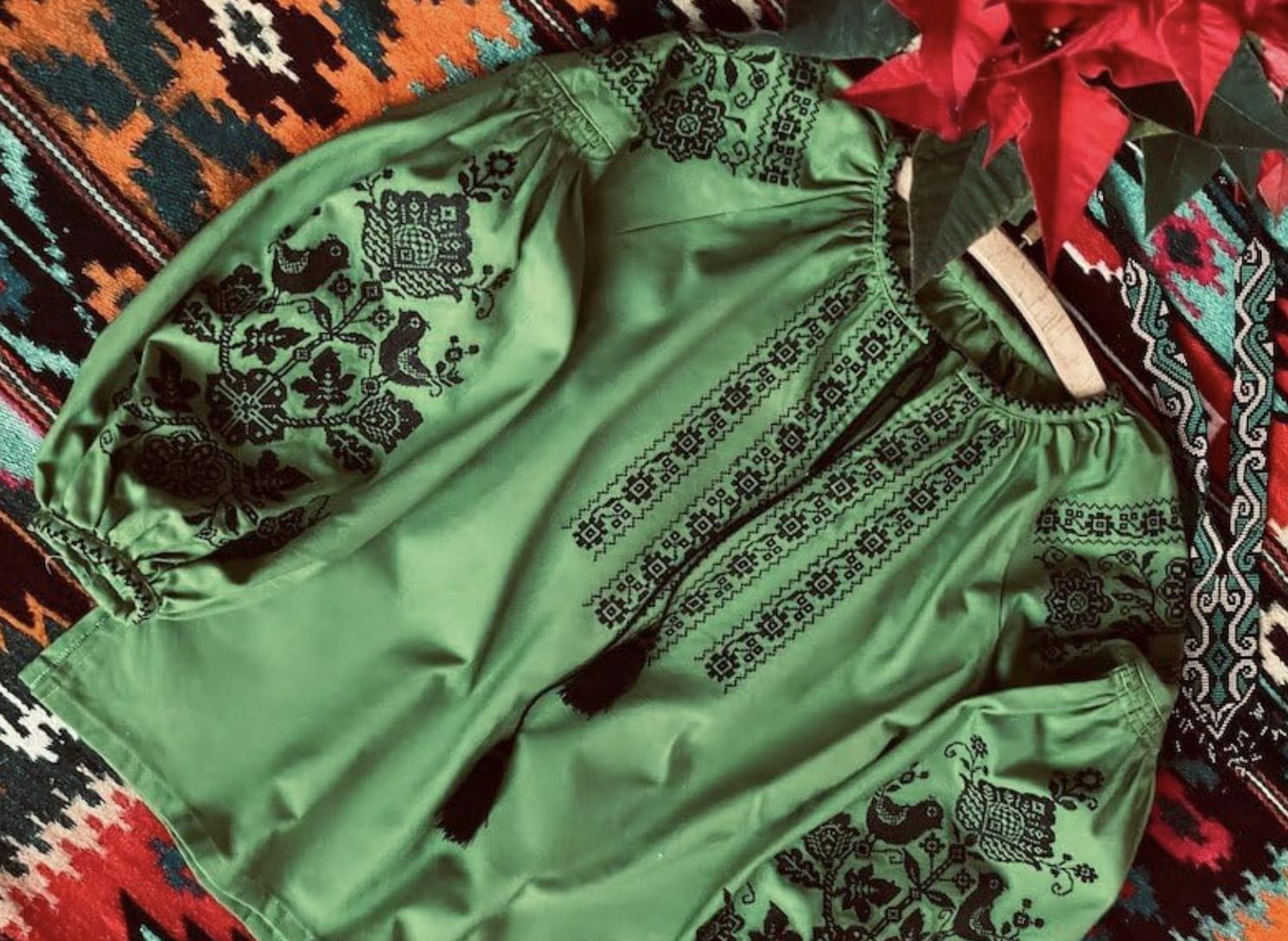 Green Boho Blouse, Black Bird Embroidery, Tree of Life Shirt, Ukrainian Vyshyvanka, Cotton Blend Tunic, Folk Festival Top, Custom Size Gift