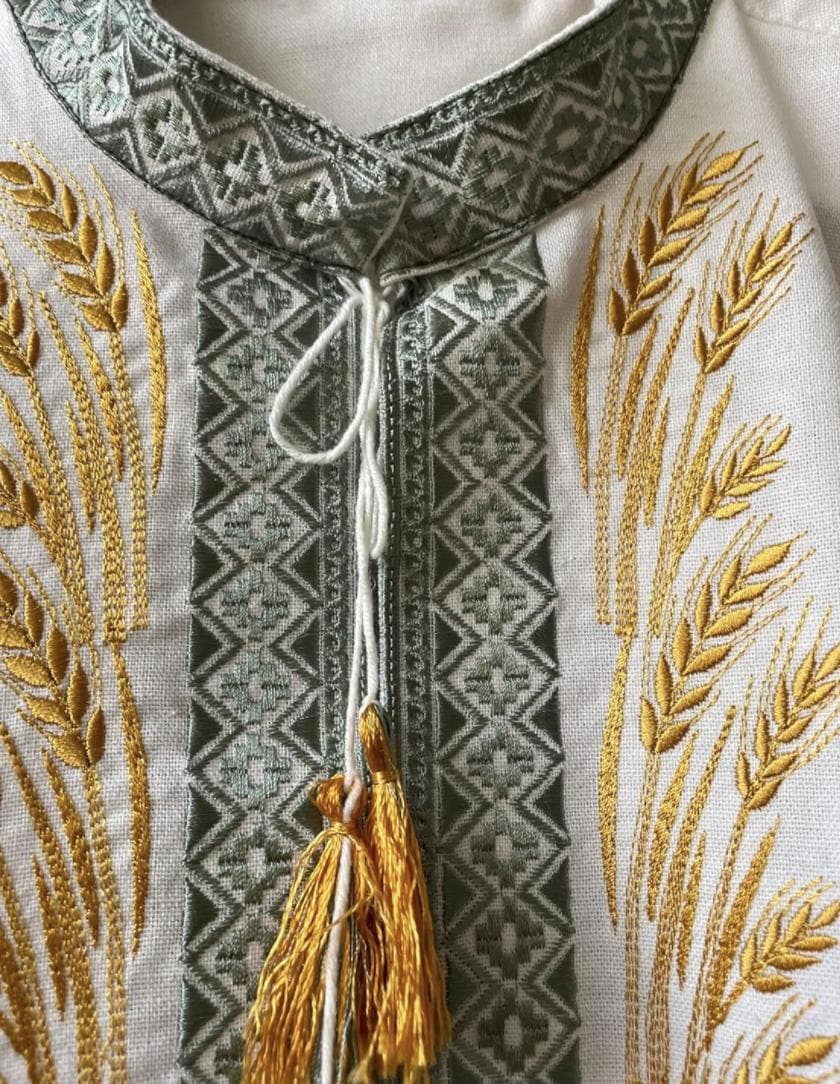 Embroidered Men’s Shirt – Ukrainian Vyshyvanka with Wheat Symbol and Folk Patterns