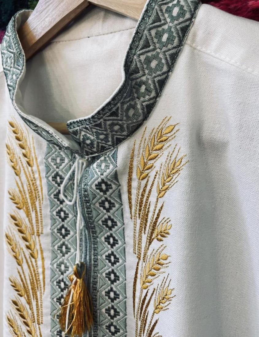 Embroidered Men’s Shirt – Ukrainian Vyshyvanka with Wheat Symbol and Folk Patterns