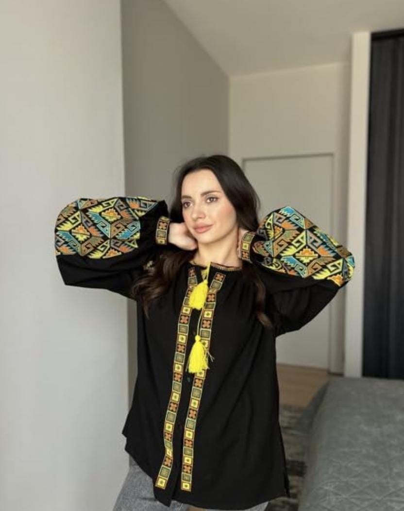 Black Linen Viscose Blouse, Geometric Boho Top, Yellow Tassels, Eco Gift Packaging, Plantable Tag, Custom Size Shirt, Ukrainian Vyshyvanka