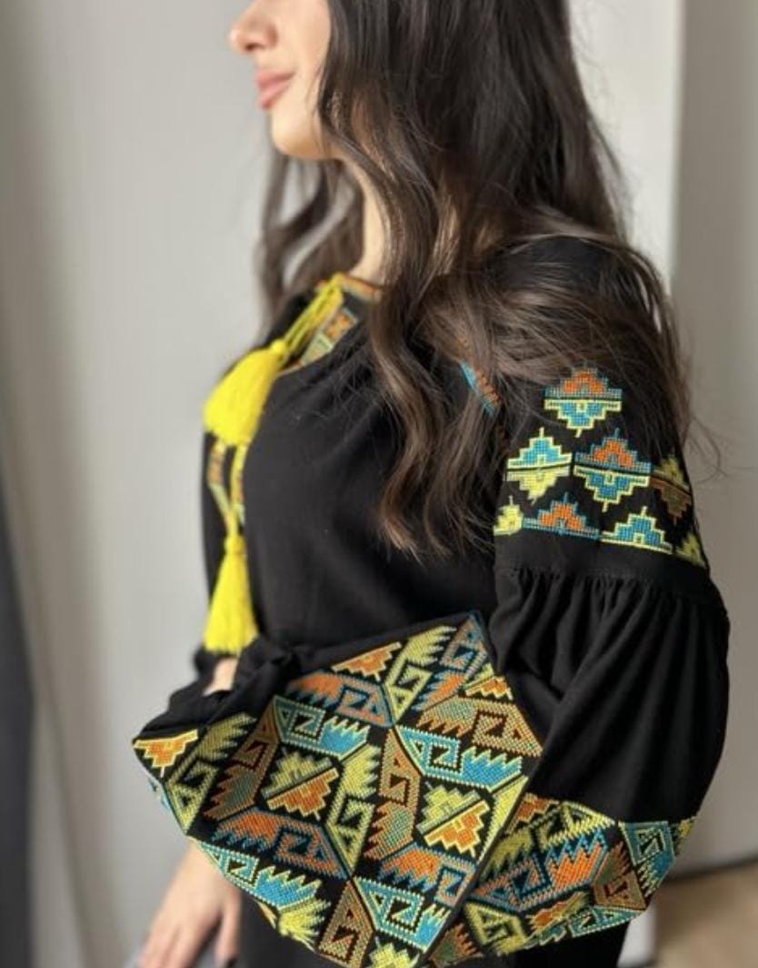 Black Linen Viscose Blouse, Geometric Boho Top, Yellow Tassels, Eco Gift Packaging, Plantable Tag, Custom Size Shirt, Ukrainian Vyshyvanka