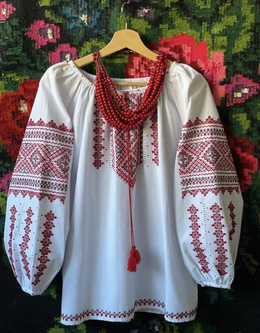 Hand Embroidered Blouse, Red Black Geometric Vyshyvanka, Ukrainian Linen Shirt, Custom Size Folk Top, Artisan Made Clothing, Sorochka