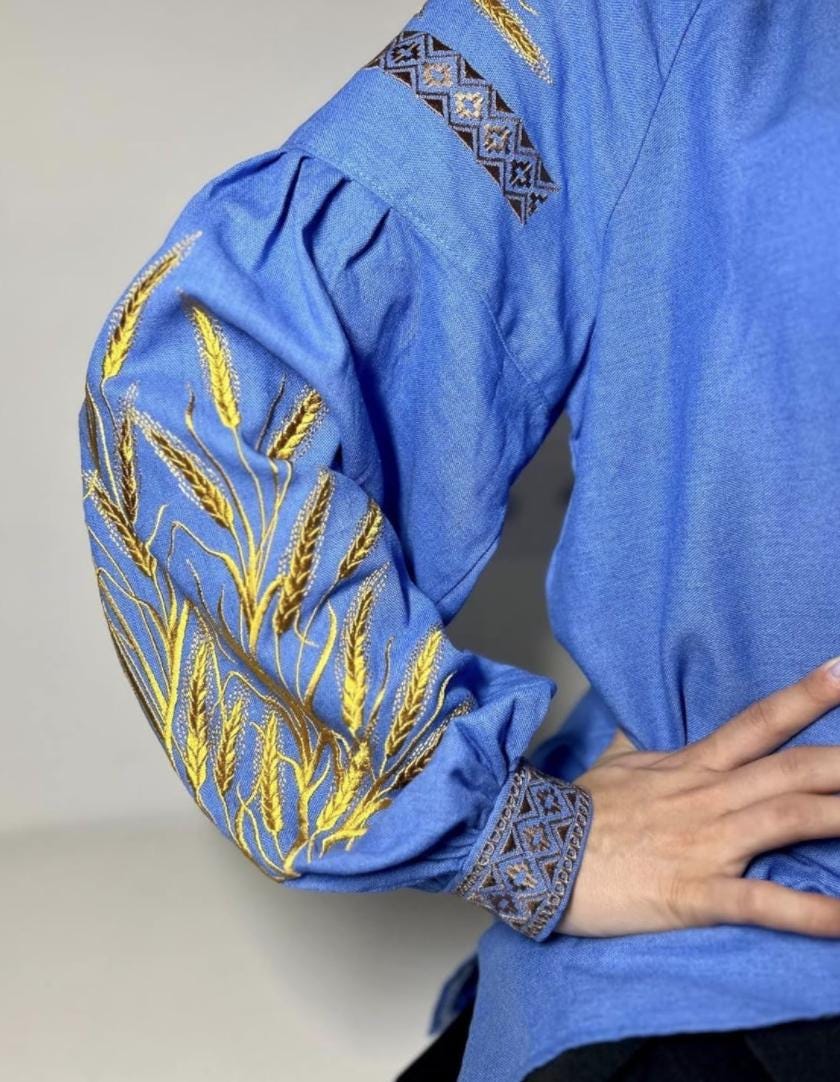 Blue Linen Viscose Blouse, Golden Wheat Embroidery, Ukrainian Vyshyvanka, Boho Peasant Top, Custom Fit Shirt