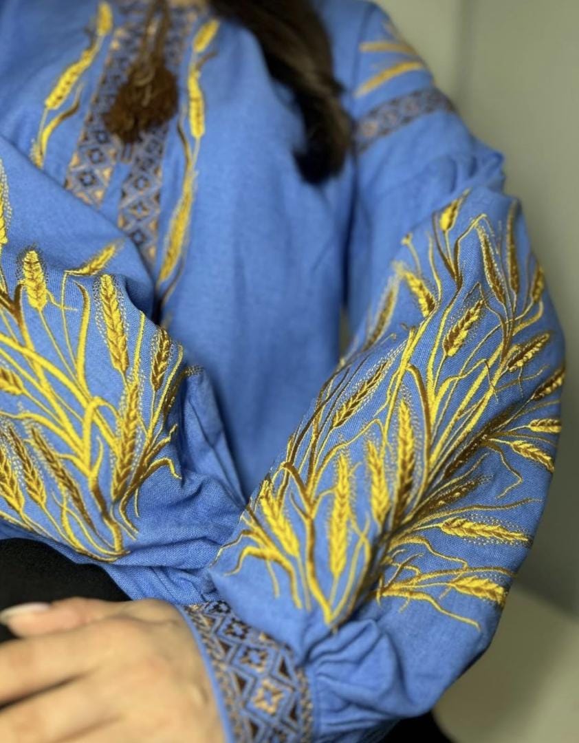 Blue Linen Viscose Blouse, Golden Wheat Embroidery, Ukrainian Vyshyvanka, Boho Peasant Top, Custom Fit Shirt