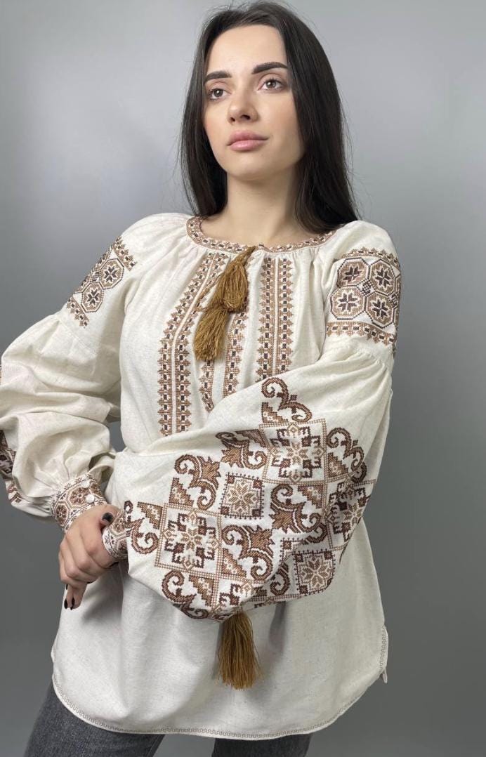 Handcrafted Peasant Top, Beige and Brown Shirt, Ukrainian Clothing, Modern Folk Blouse, Zero Waste Gift, Matching Family Look, Artisan