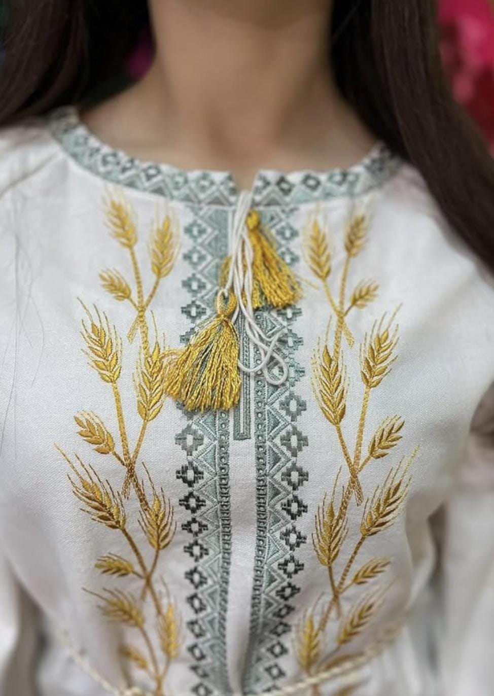 Ukrainian Vyshyvanka Blouse – Ivory Linen Embroidered Shirt with Golden Wheat and Green Trim, Folk Boho Ethno Clothing