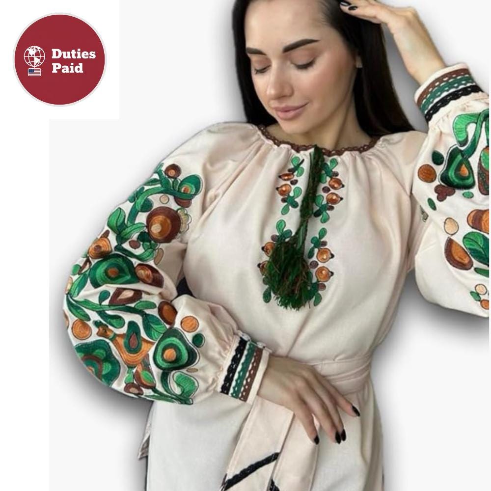 Kosiv Ceramic Style Blouse, Green and Brown Embroidery, Ukrainian Vyshyvanka, Soft Linen Blend Top, Custom Fit, Folk Art Shirt