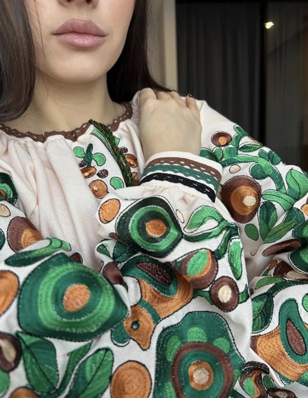 Kosiv Ceramic Style Blouse, Green and Brown Embroidery, Ukrainian Vyshyvanka, Soft Linen Blend Top, Custom Fit, Folk Art Shirt