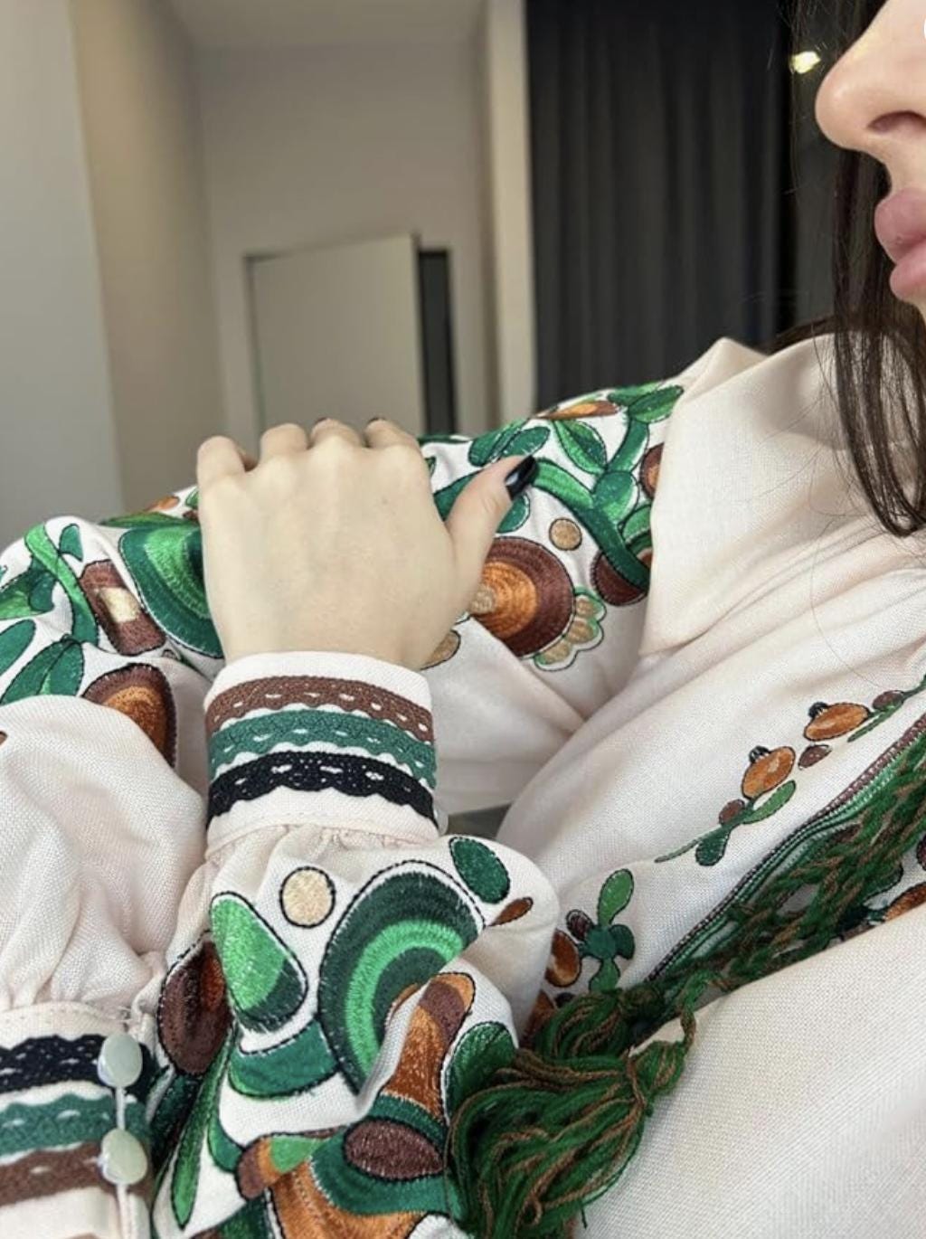 Kosiv Ceramic Style Blouse, Green and Brown Embroidery, Ukrainian Vyshyvanka, Soft Linen Blend Top, Custom Fit, Folk Art Shirt