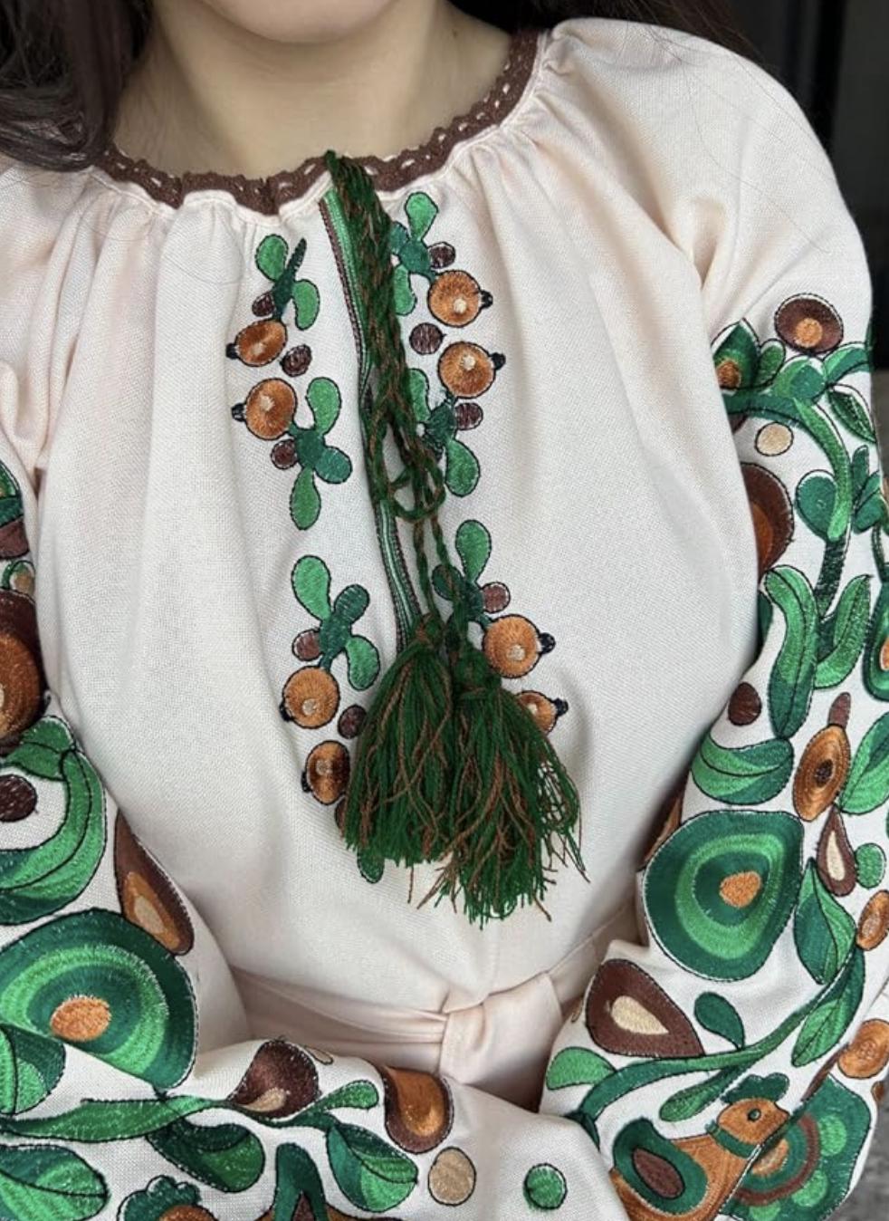 Kosiv Ceramic Style Blouse, Green and Brown Embroidery, Ukrainian Vyshyvanka, Soft Linen Blend Top, Custom Fit, Folk Art Shirt