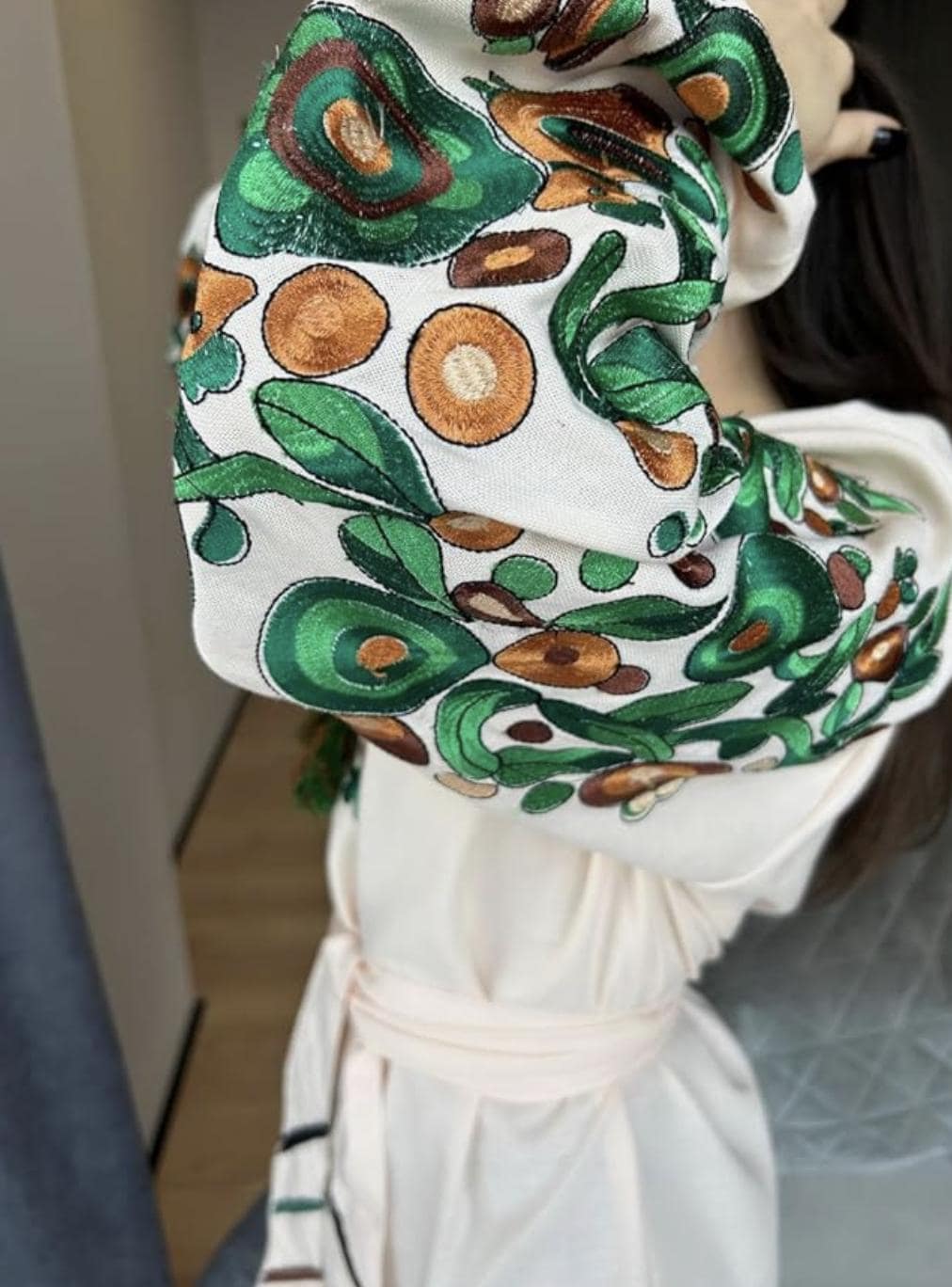 Kosiv Ceramic Style Blouse, Green and Brown Embroidery, Ukrainian Vyshyvanka, Soft Linen Blend Top, Custom Fit, Folk Art Shirt