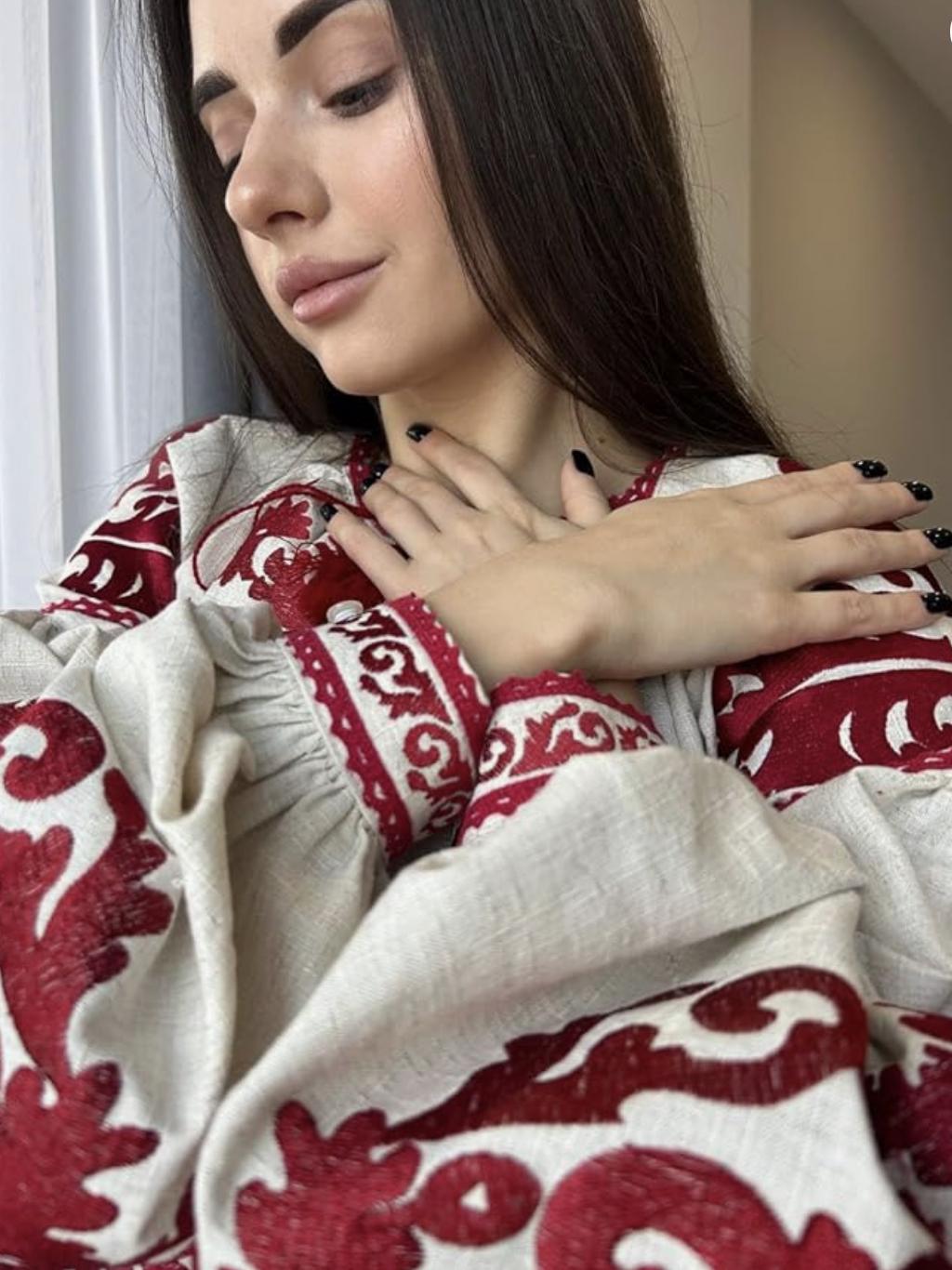 Beige Linen Blend Blouse, Red Tree of Life Embroidery, Ukrainian Vyshyvanka, Boho Peasant Top, Custom Fit Shirt, Folk Art Tunic, Gift