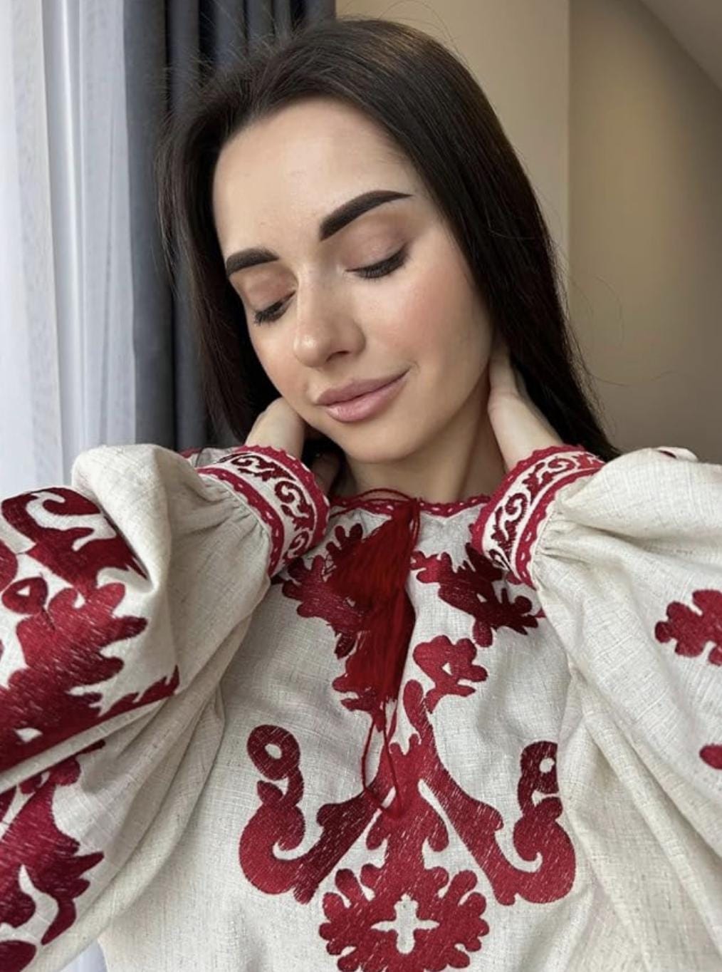 Beige Linen Blend Blouse, Red Tree of Life Embroidery, Ukrainian Vyshyvanka, Boho Peasant Top, Custom Fit Shirt, Folk Art Tunic, Gift