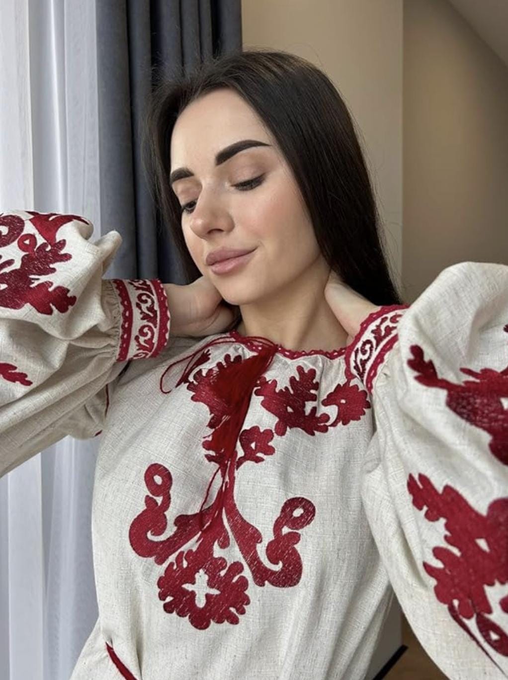 Beige Linen Blend Blouse, Red Tree of Life Embroidery, Ukrainian Vyshyvanka, Boho Peasant Top, Custom Fit Shirt, Folk Art Tunic, Gift