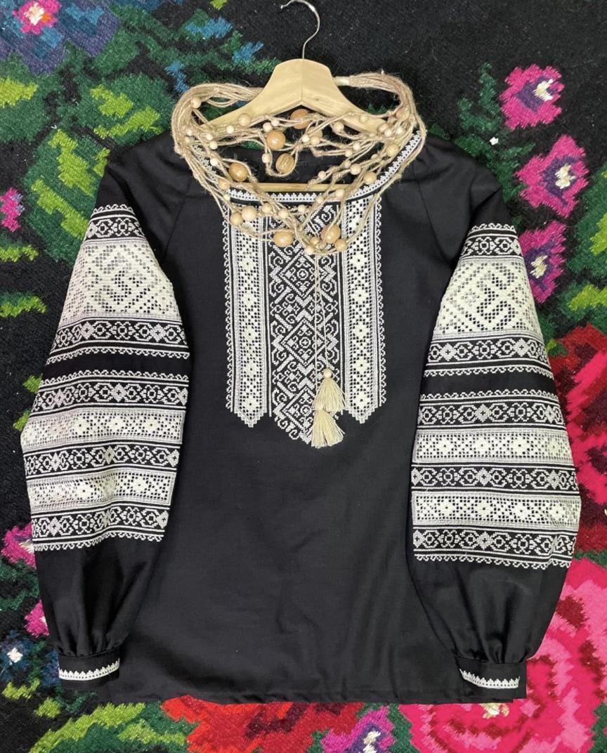 Black Ukrainian Vyshyvanka Blouse with Ivory Lace Embroidery | Ethnic Boho Folk Shirt | Handmade Artisan Top
