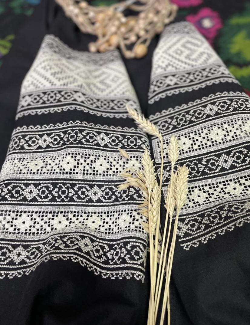 Black Ukrainian Vyshyvanka Blouse with Ivory Lace Embroidery | Ethnic Boho Folk Shirt | Handmade Artisan Top