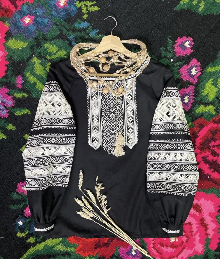 Black Ukrainian Vyshyvanka Blouse with Ivory Lace Embroidery | Ethnic Boho Folk Shirt | Handmade Artisan Top