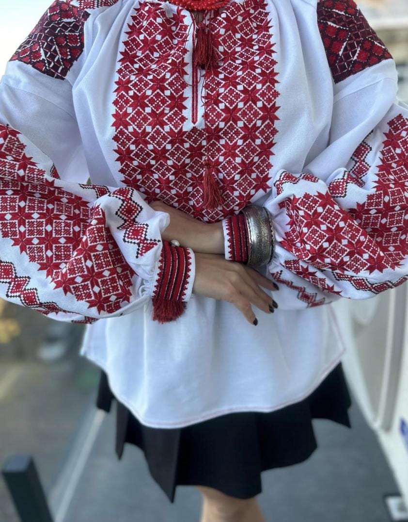 Traditional Vyshyvanka, Red Cross Stitch Top, White Boho Tunic, Custom Size Shirt, Artisan Made, Handcrafted Gift for Her, Wife, Mom