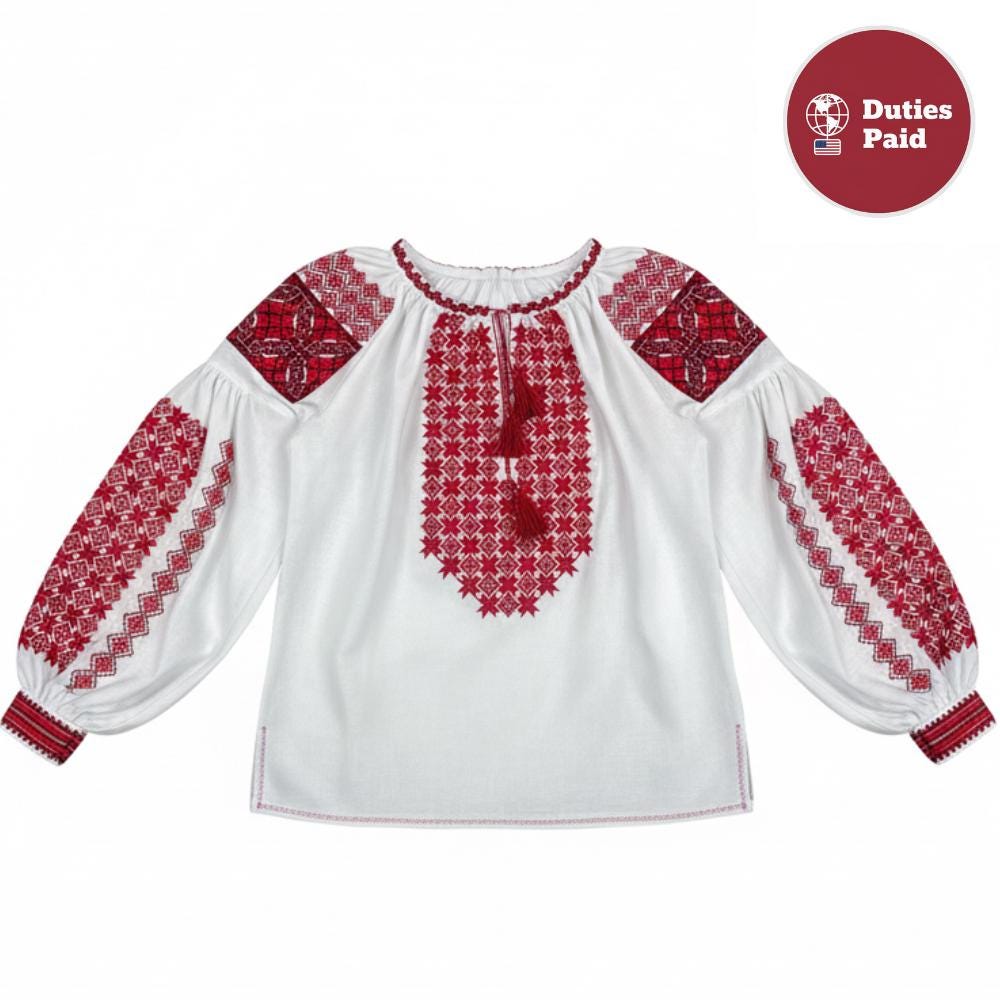 Traditional Vyshyvanka, Red Cross Stitch Top, White Boho Tunic, Custom Size Shirt, Artisan Made, Handcrafted Gift for Her, Wife, Mom