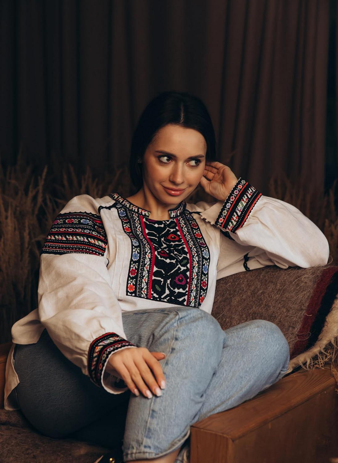 Borshchiv Style Blouse, Linen Cotton Vyshyvanka, Black Embroidery, Button Back Shirt, Ukrainian Folk Top, Custom Size, Matching Couple