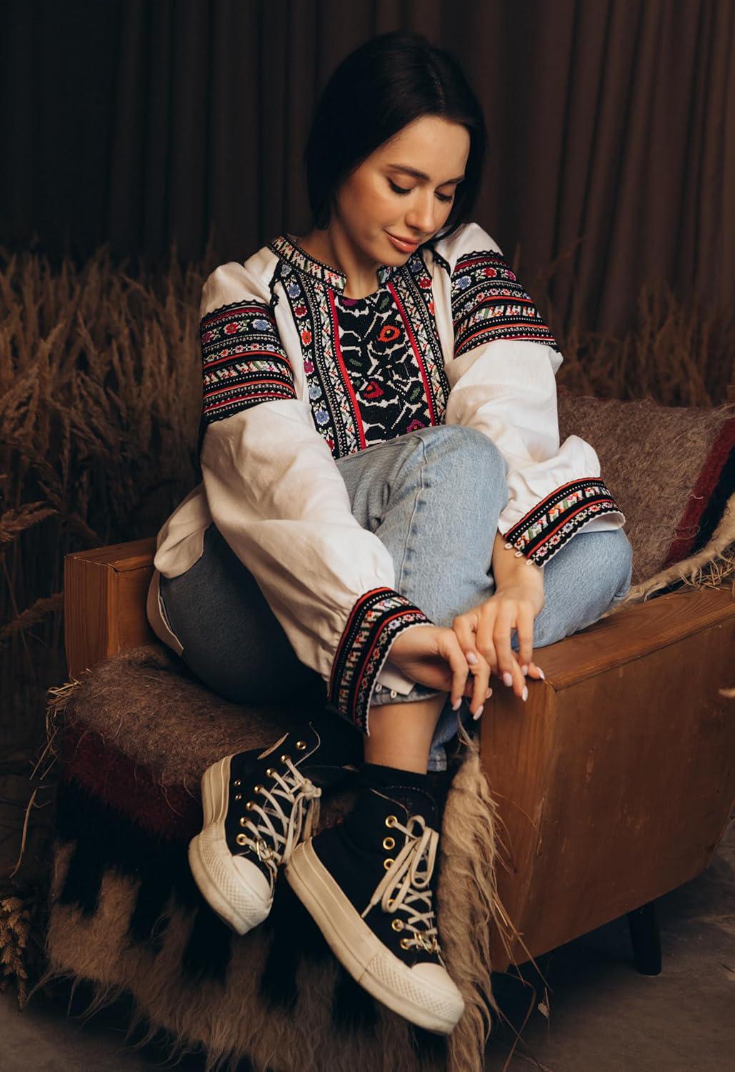 Borshchiv Style Blouse, Linen Cotton Vyshyvanka, Black Embroidery, Button Back Shirt, Ukrainian Folk Top, Custom Size, Matching Couple