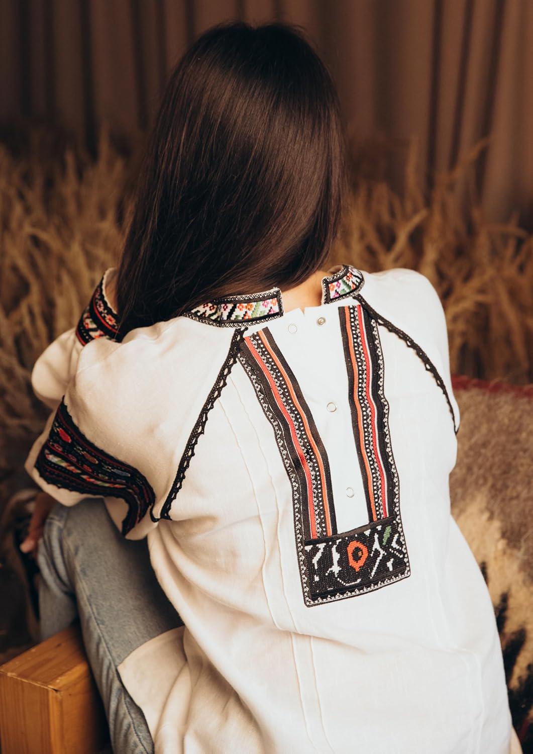 Borshchiv Style Blouse, Linen Cotton Vyshyvanka, Black Embroidery, Button Back Shirt, Ukrainian Folk Top, Custom Size, Matching Couple