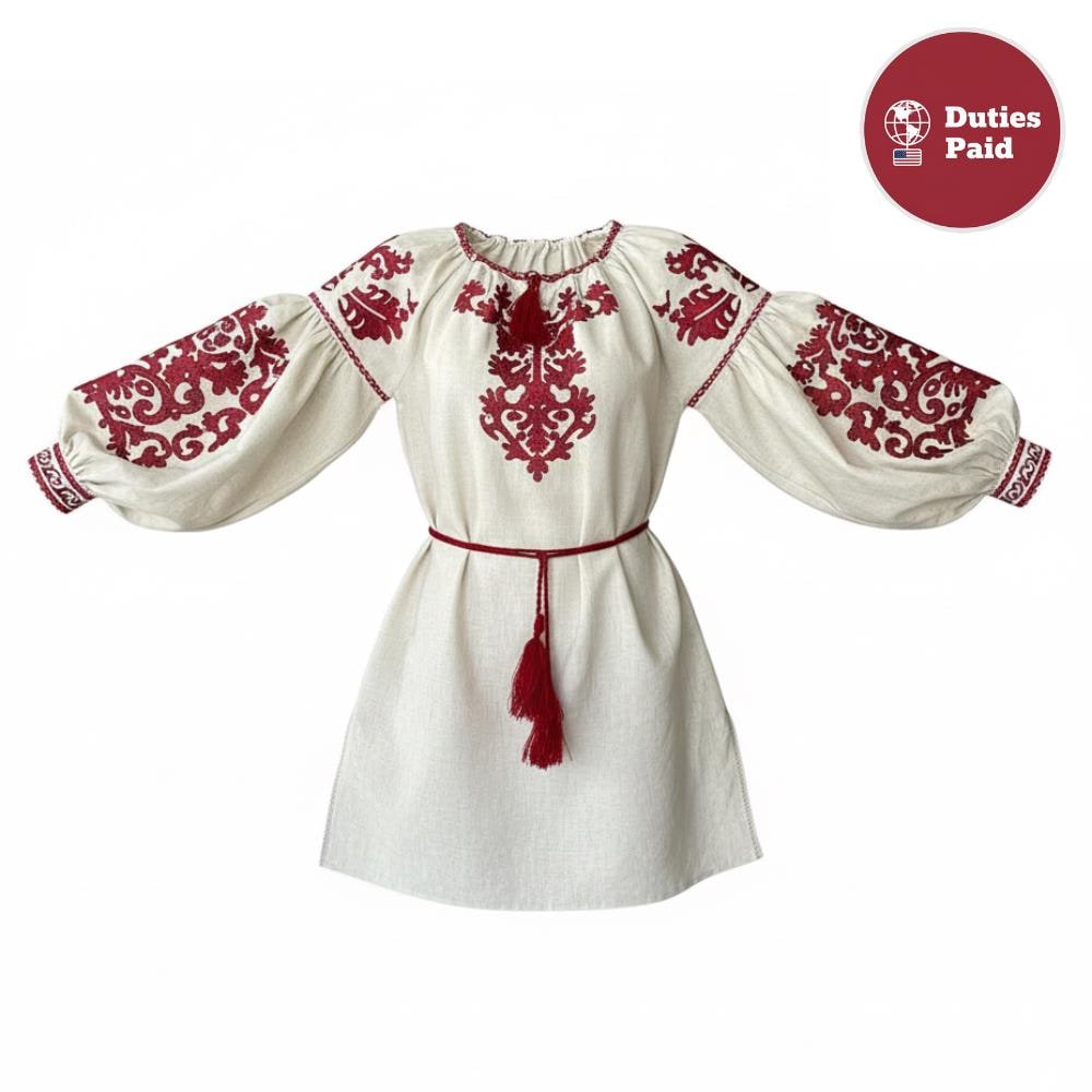 Beige Linen Blend Blouse, Red Tree of Life Embroidery, Ukrainian Vyshyvanka, Boho Peasant Top, Custom Fit Shirt, Folk Art Tunic, Gift