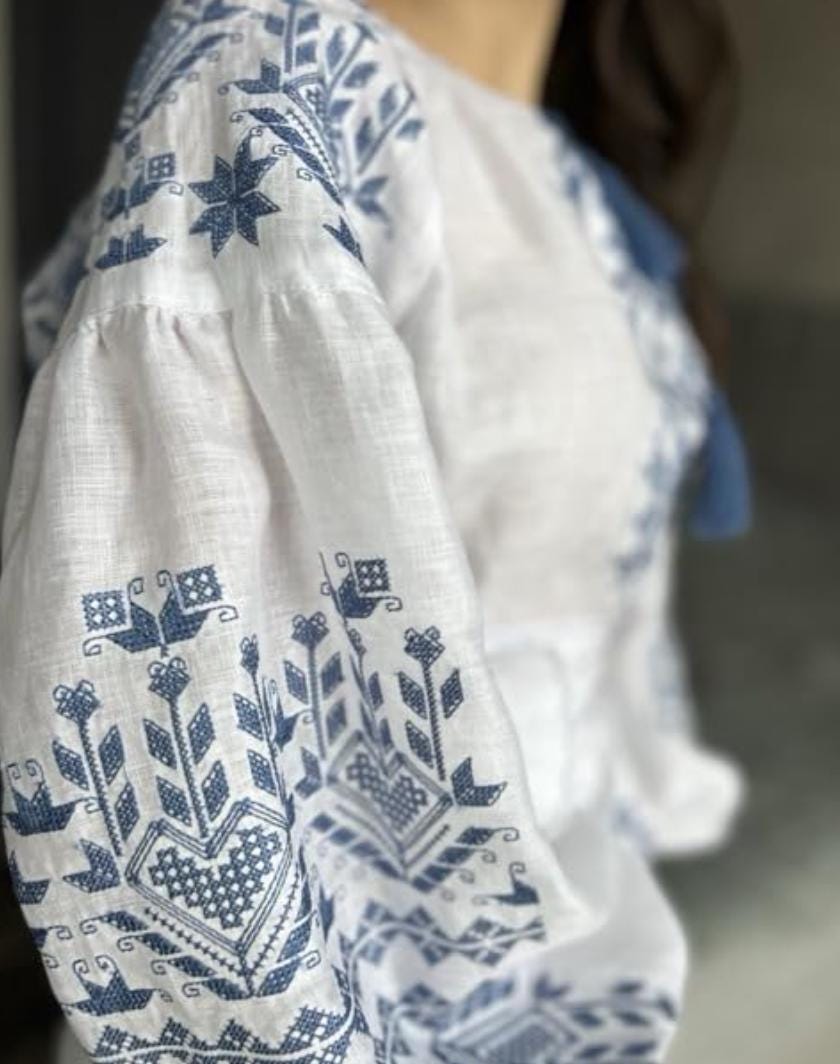 Blue Embroidered Top, 100% Linen Boho Shirt, Belted Tunic, Folk Peasant Blouse, Custom Fit, Matching Couple Set
