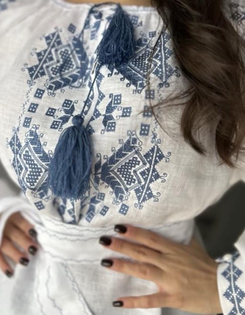 Blue Embroidered Top, 100% Linen Boho Shirt, Belted Tunic, Folk Peasant Blouse, Custom Fit, Matching Couple Set