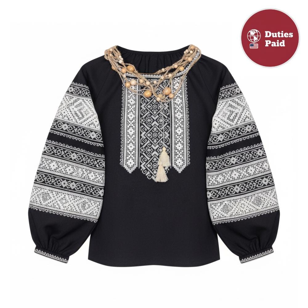 Black Ukrainian Vyshyvanka Blouse with Ivory Lace Embroidery | Ethnic Boho Folk Shirt | Handmade Artisan Top