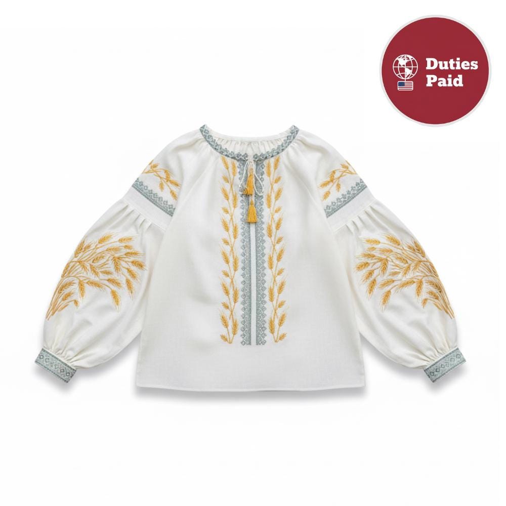 Ukrainian Vyshyvanka Blouse – Ivory Linen Embroidered Shirt with Golden Wheat and Green Trim, Folk Boho Ethno Clothing