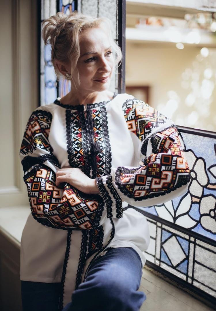 Ukrainian Easter Blouse, Lace Trim Boho Top, Geometric Embroidery, Wrinkle Free Crepe, Custom Size Folk Shirt, Modern Vyshyvanka, Mom Gift