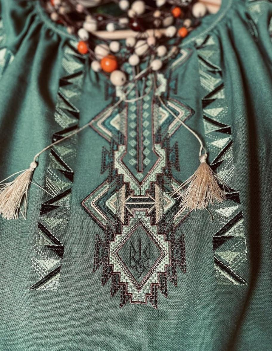 Custom Linen Vyshyvanka Blouse – Sage Green Embroidered Boho Ethno Folk Shirt